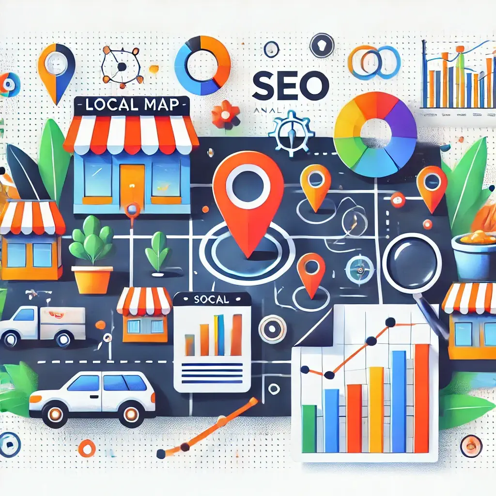 Ilustración de un mapa local con negocios cercanos y gráficos de análisis SEO de competencia local, ideal para visualizar estrategias competitivas.
