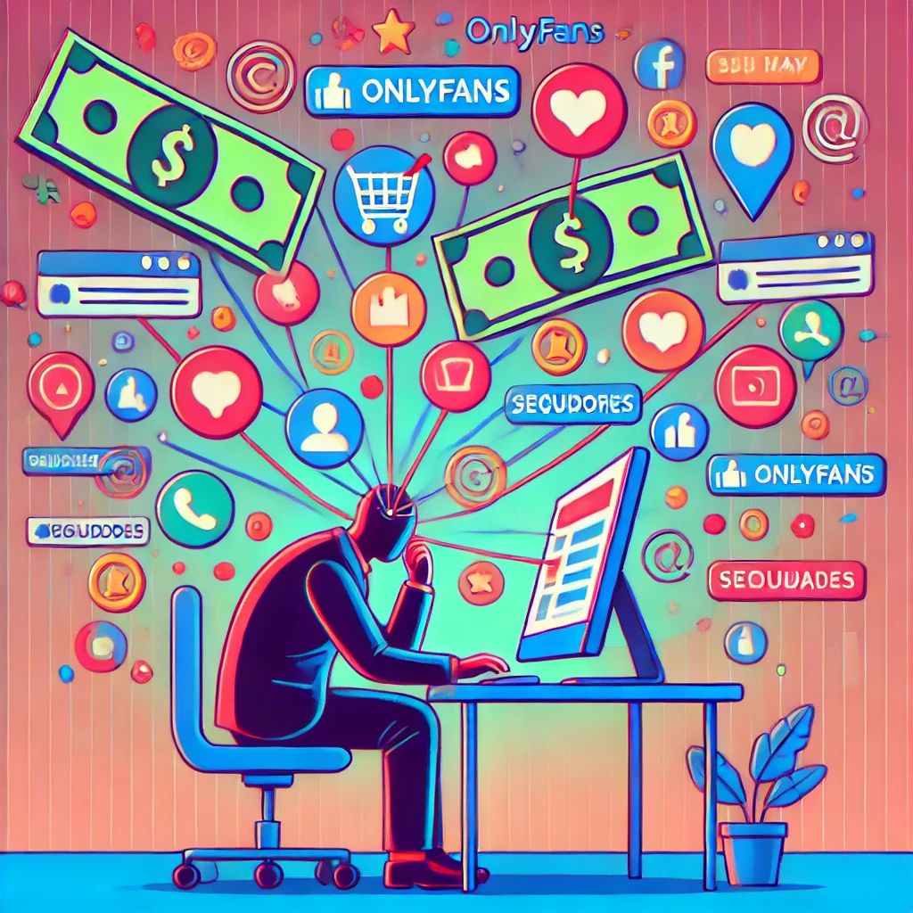 Persona reflexionando sobre estrategias para OnlyFans, rodeada de íconos de redes sociales, dinero y seguidores, representando planificación y obstáculos.