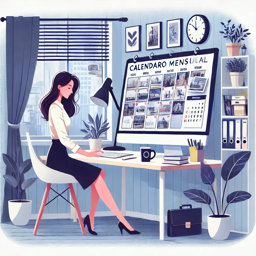 Mujer joven organizando un calendario mensual para contenido digital en OnlyFans, en una oficina moderna con luz natural y elementos creativos.