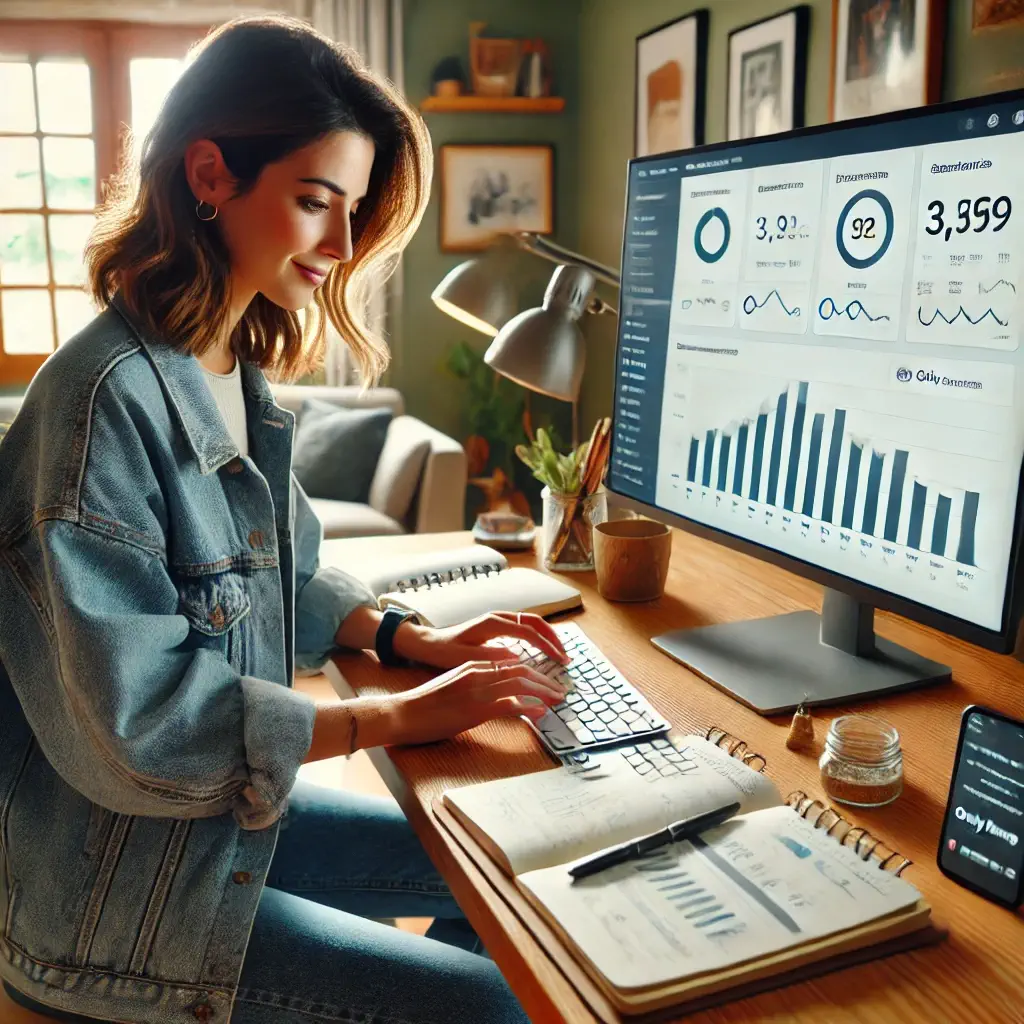 Mujer analista de datos en casa revisando estadísticas de OnlyFans en una pantalla grande con gráficos.