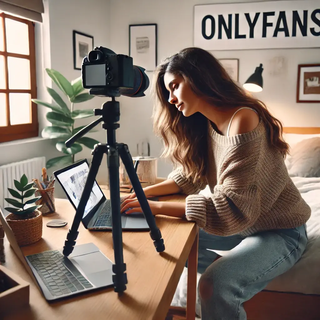 Escena realista de una persona joven creando contenido en un ambiente moderno y profesional, ideal para representar cómo atraer a la audiencia ideal en OnlyFans.