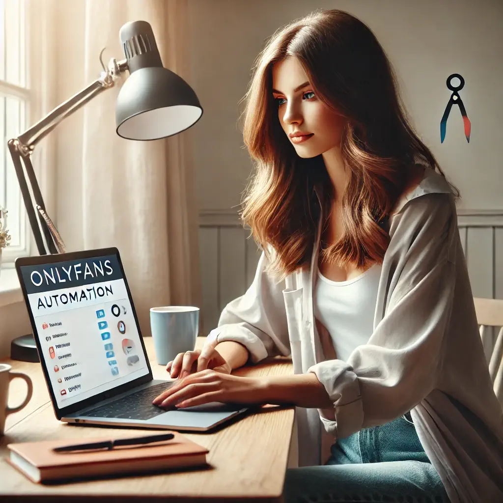 Mujer trabajando en un espacio moderno con laptop, optimizando procesos para automatizar OnlyFans en un ambiente productivo.