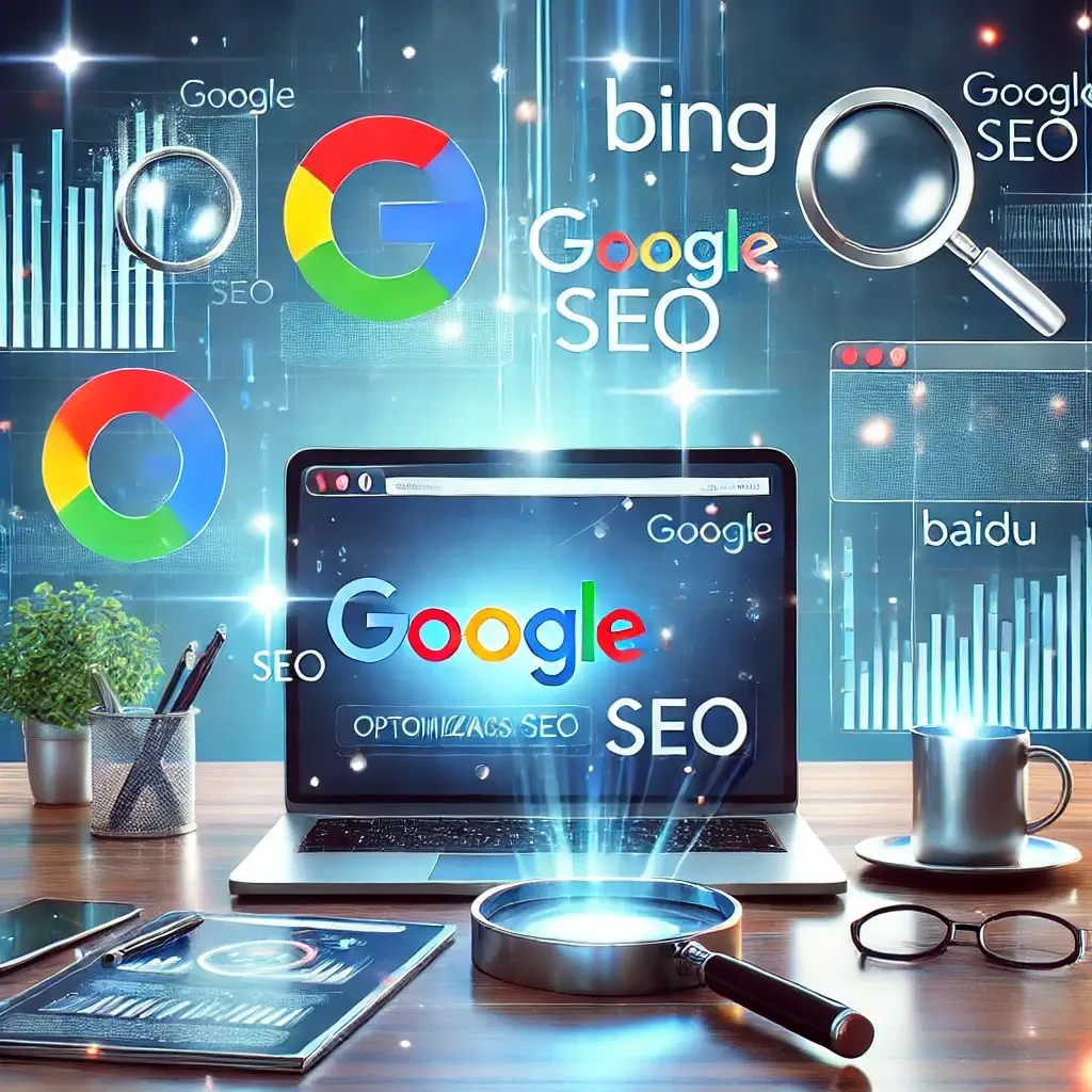 Optimización SEO con los logotipos como comparativa de motores de búsqueda: Google, Bing y Baidu flotando alrededor de un ordenador con análisis de datos.