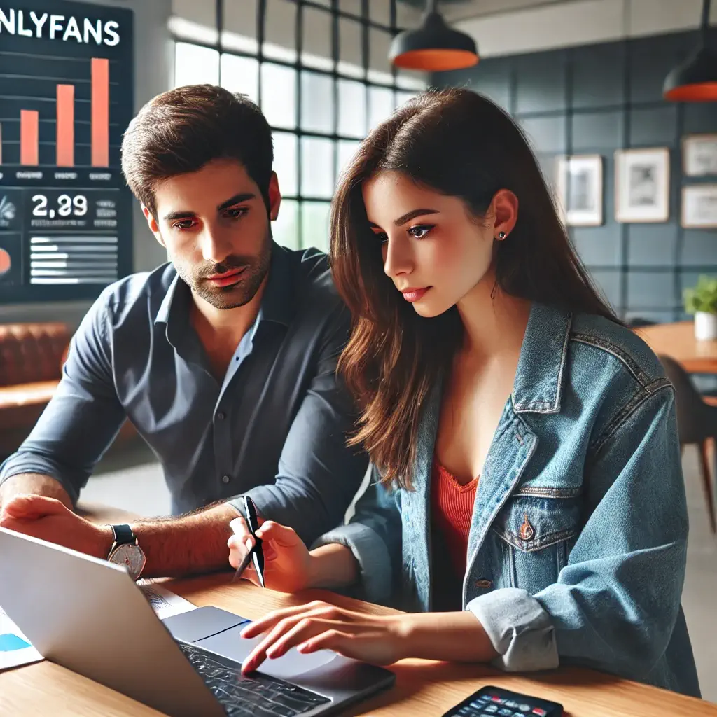 Mujer revisando su cuenta de OnlyFans con un asesor en una agencia, analizando estrategias y crecimiento.