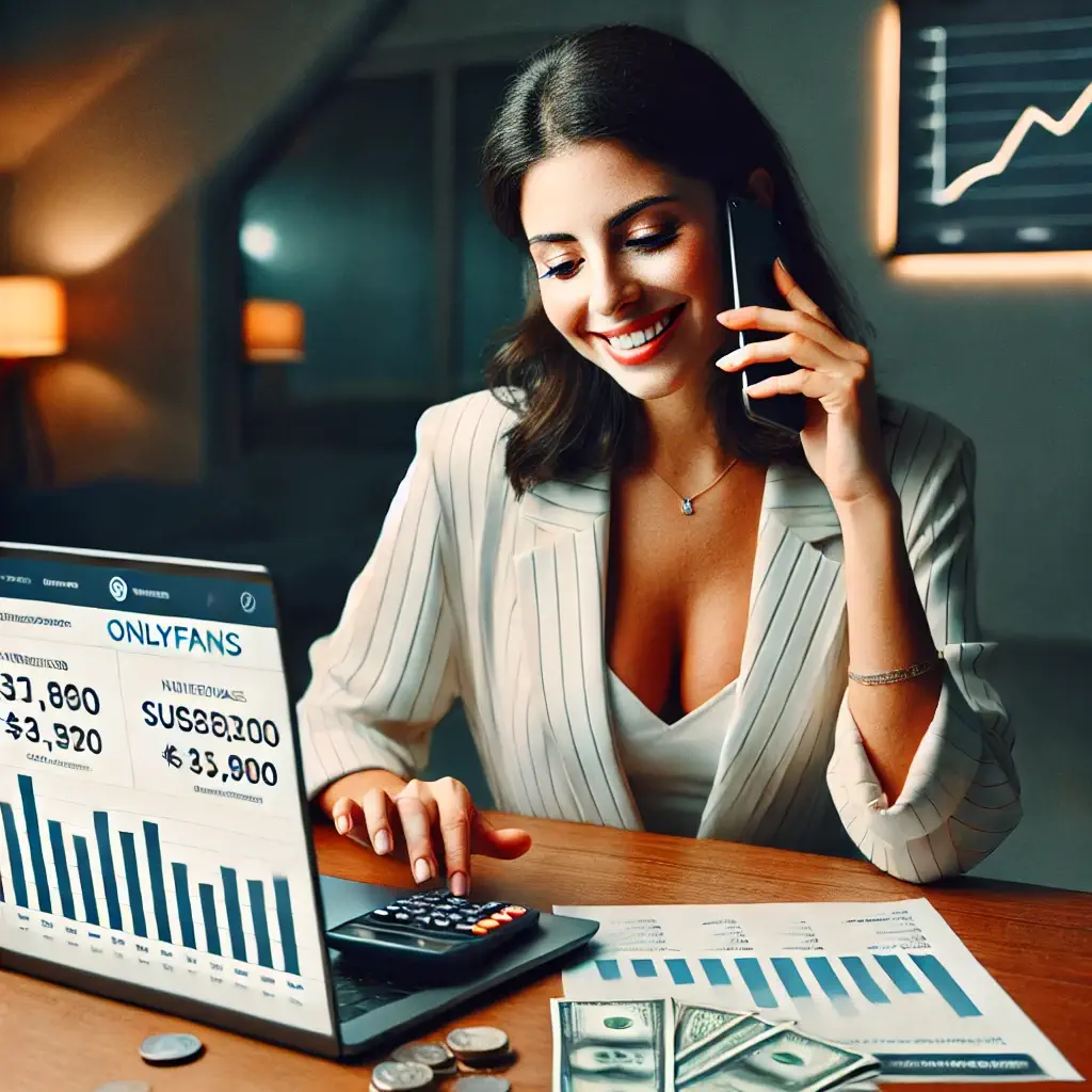 Mujer joven revisando sus ingresos en OnlyFans en un portátil, con un teléfono en la mano y dinero en la mesa.
