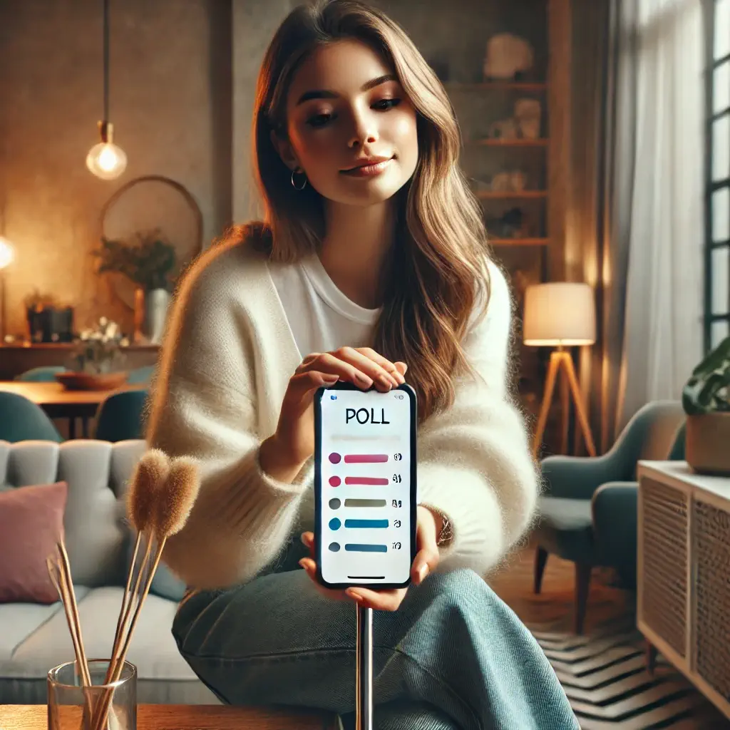 Joven creadora de contenido con un smartphone mostrando una encuesta interactiva en OnlyFans en un ambiente moderno.