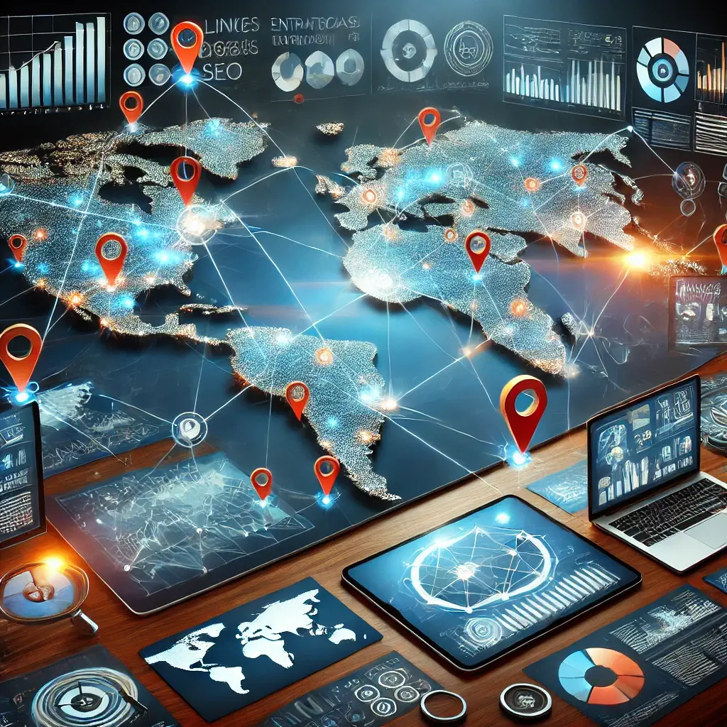 Mapa global con conexiones digitales que ilustran estrategias de link building internacional, mostrando cómo obtener enlaces de calidad en otros países.