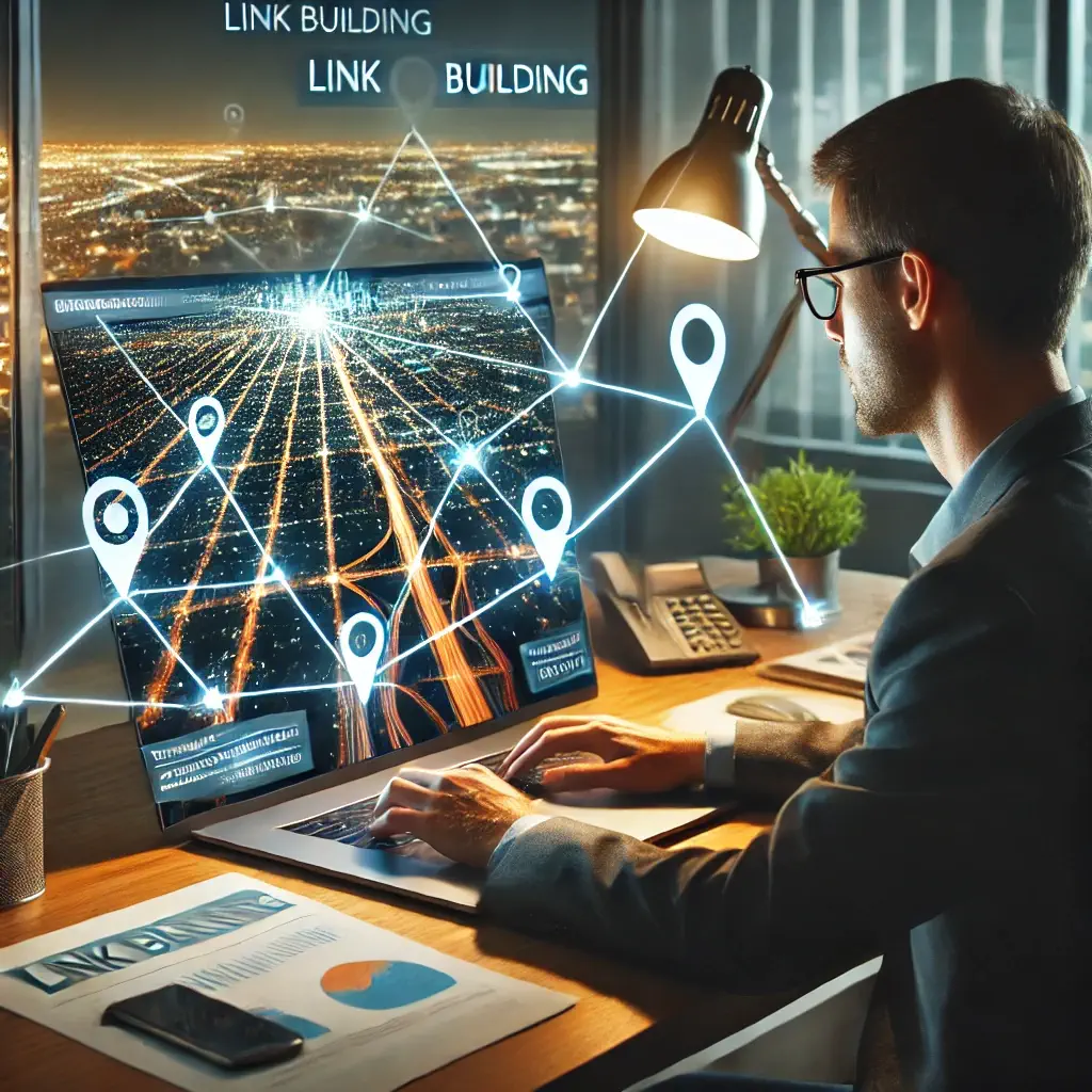 mpresario revisando estrategias de link building local en su laptop, con un mapa de la ciudad y enlaces conectados. SEO para negocios locales.