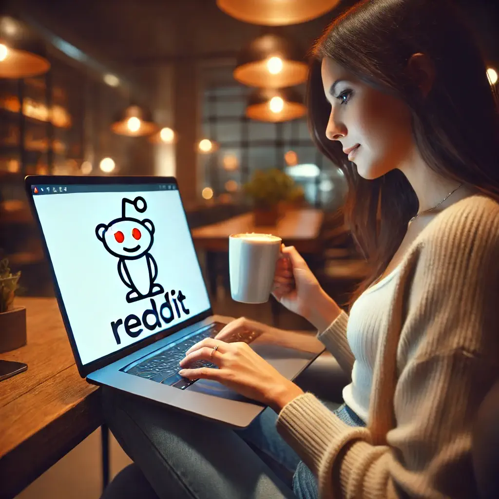 mujer usando laptop para estrategias en OnlyFans con Reddit, en un ambiente moderno y acogedor.