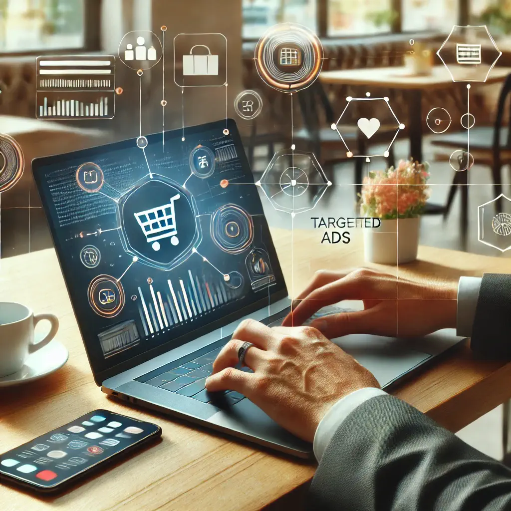 Persona utilizando ordenador en un entorno moderno, con elementos visuales en pantalla relacionados con el remarketing y retargeting.