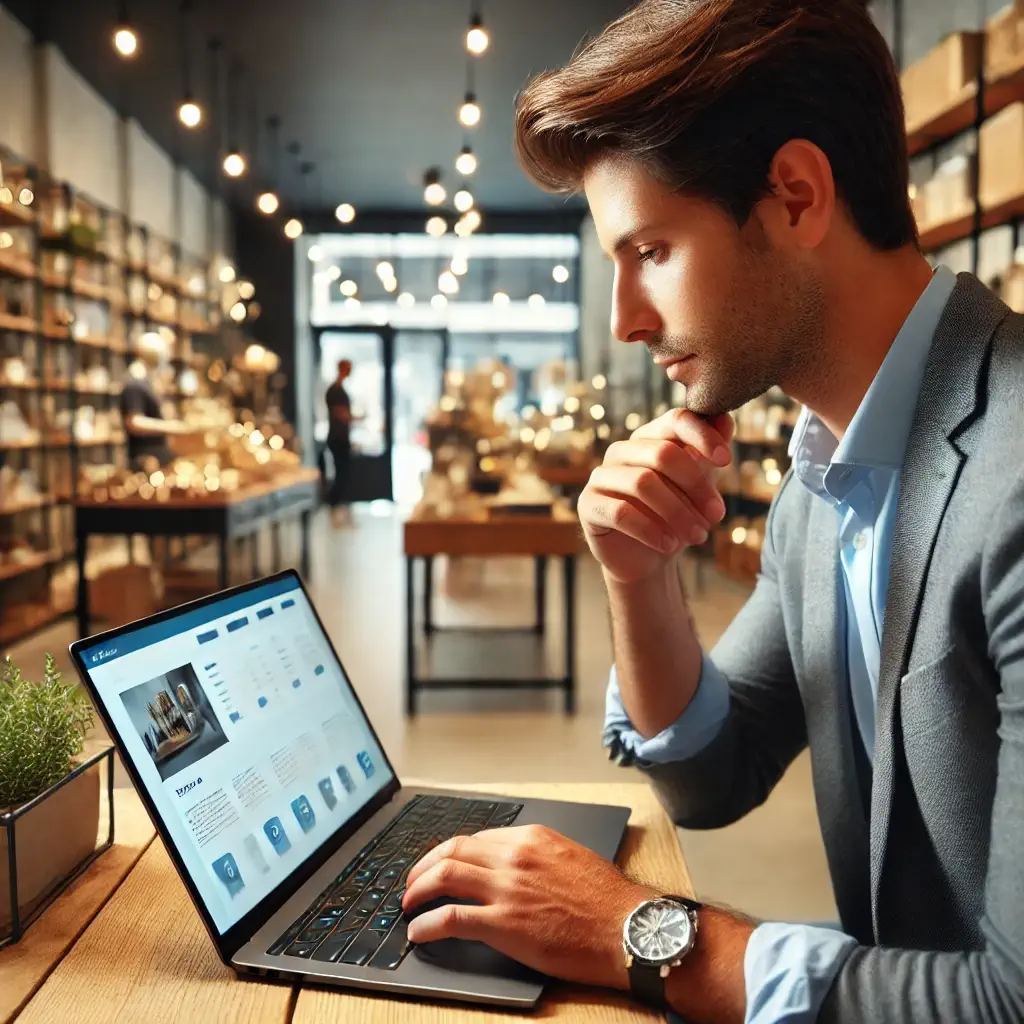 Propietario de negocio en un entorno moderno revisando una laptop en su tienda física con iluminación cálida.