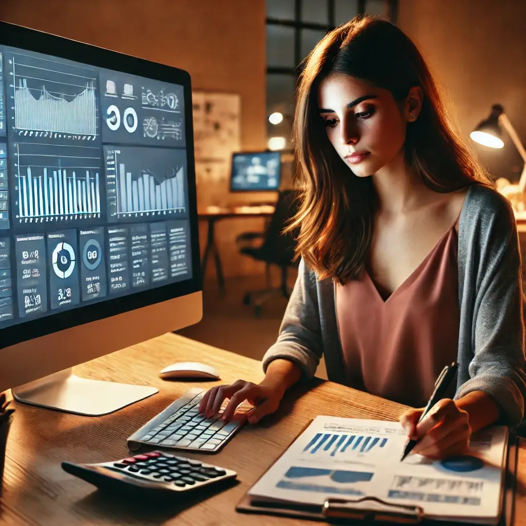 Joven profesional analizando el ROI de campañas promocionales de OnlyFans en su computadora portátil, con gráficos en pantalla y herramientas como calculadora y cuaderno.