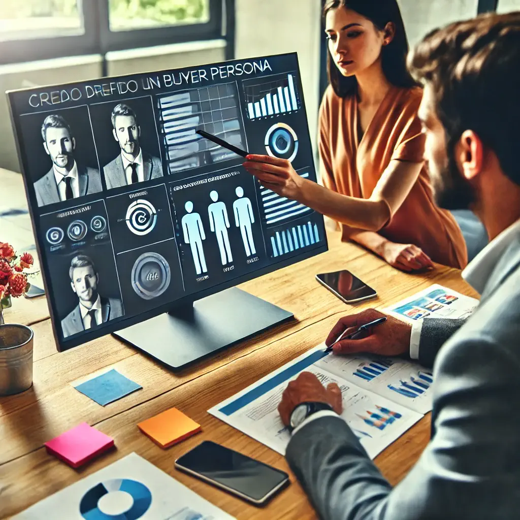 Equipo de marketing analizando datos y creando un buyer persona en una oficina moderna.