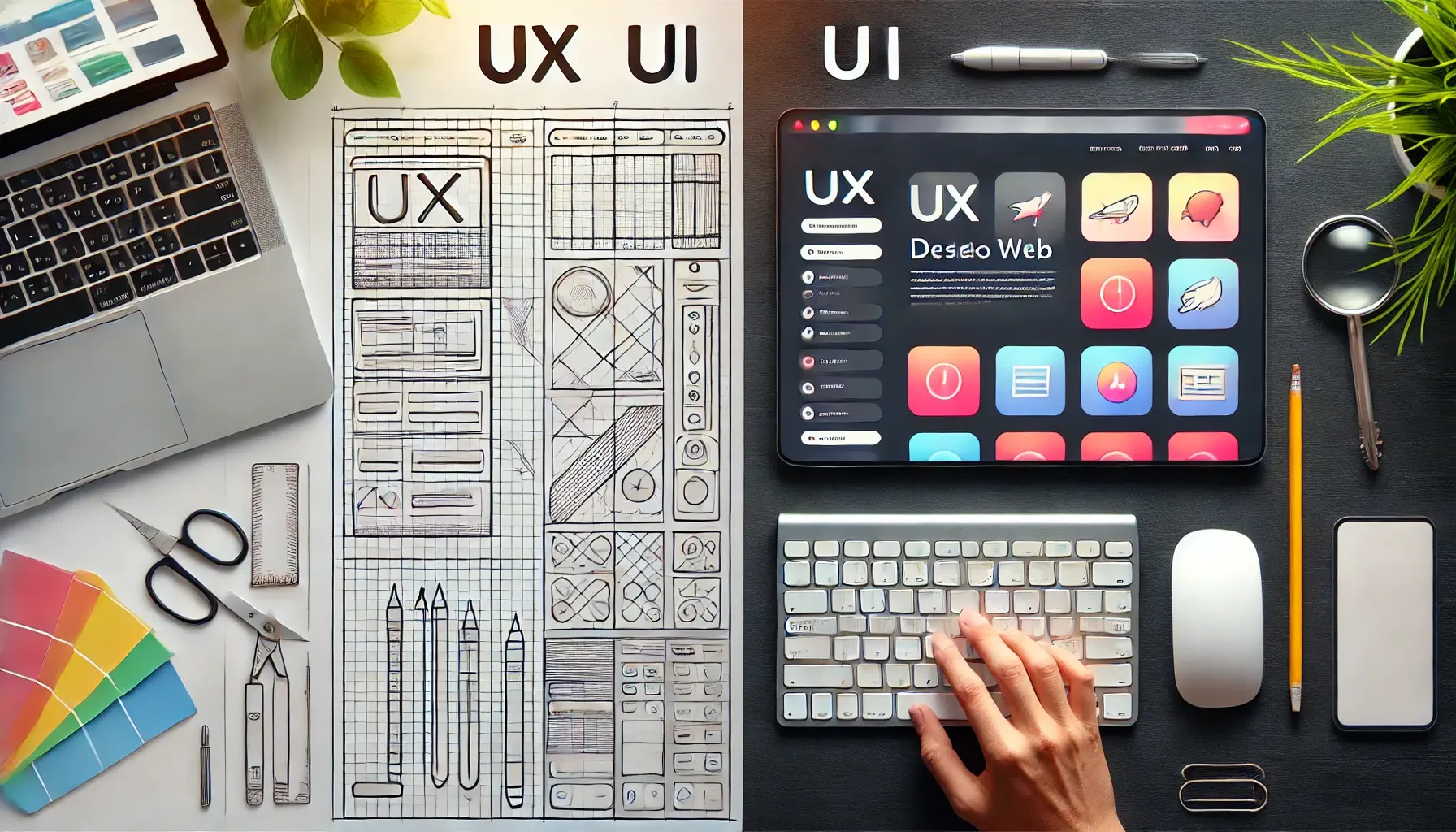 Comparación entre UX y UI en diseño web: una pantalla con wireframes en blanco y negro a la izquierda y un diseño terminado con colores y estilos atractivos a la derecha.