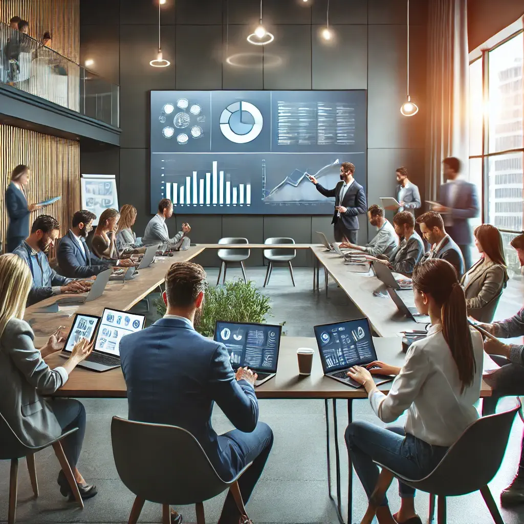 Equipo de marketing digital en una sala de reuniones moderna, colaborando en estrategias multicanal, en un ambiente profesional con laptops y tablets.