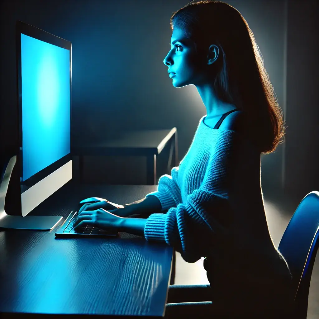Mujer joven frente a un ordenador con página azul, iluminada por una luz azul intensa en un ambiente moderno y tecnológico.