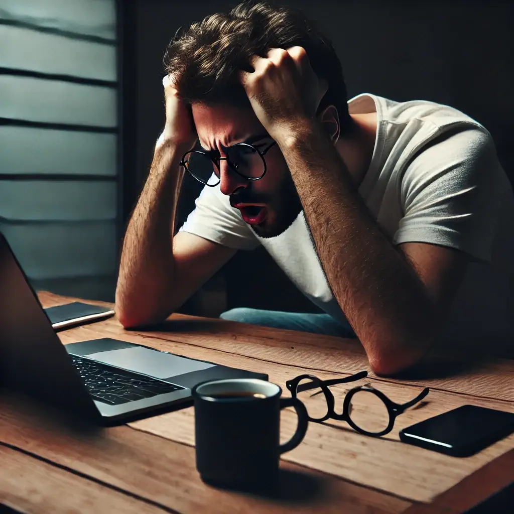 Persona preocupada frente a su computadora portátil en un escritorio, con una taza de café y un teléfono móvil al lado, intentando recuperar una cuenta de OnlyFans.