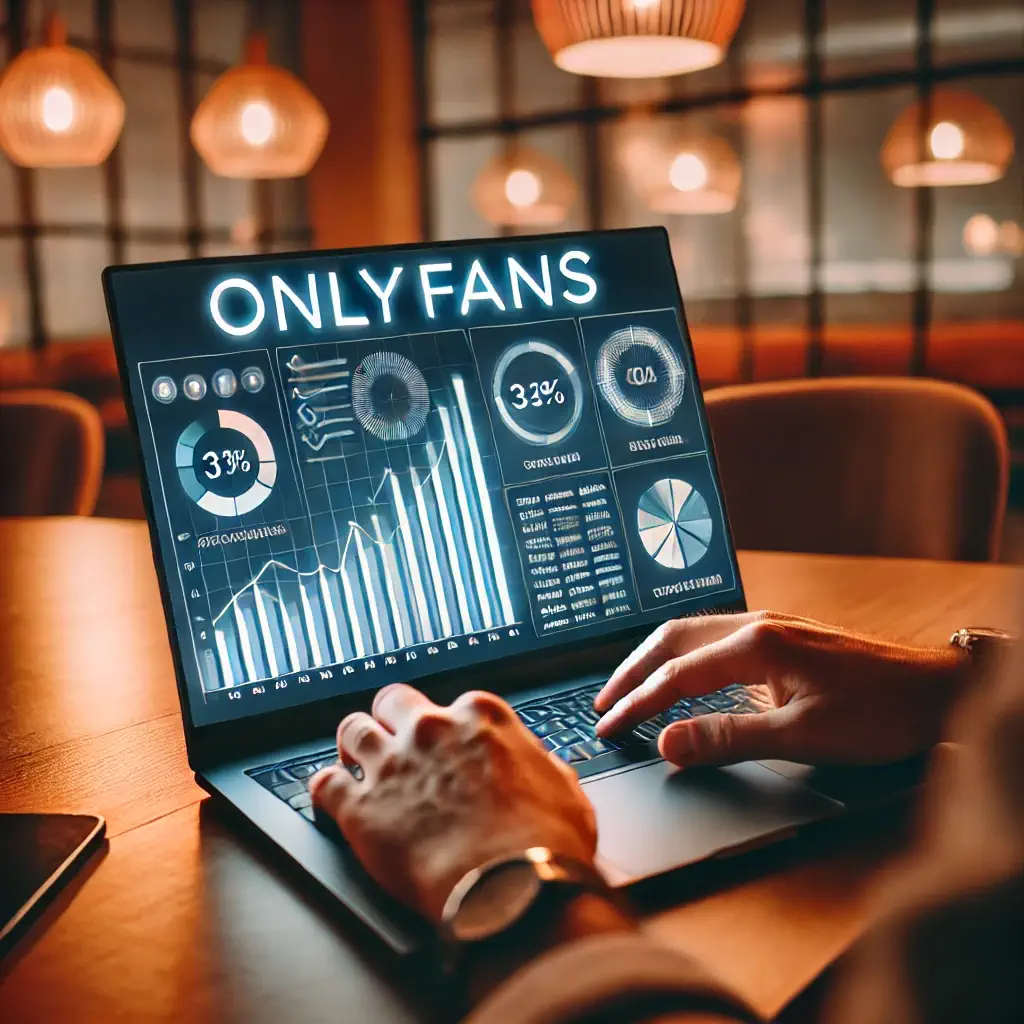 Persona analizando tendencias de OnlyFans en una laptop con gráficos y estadísticas.