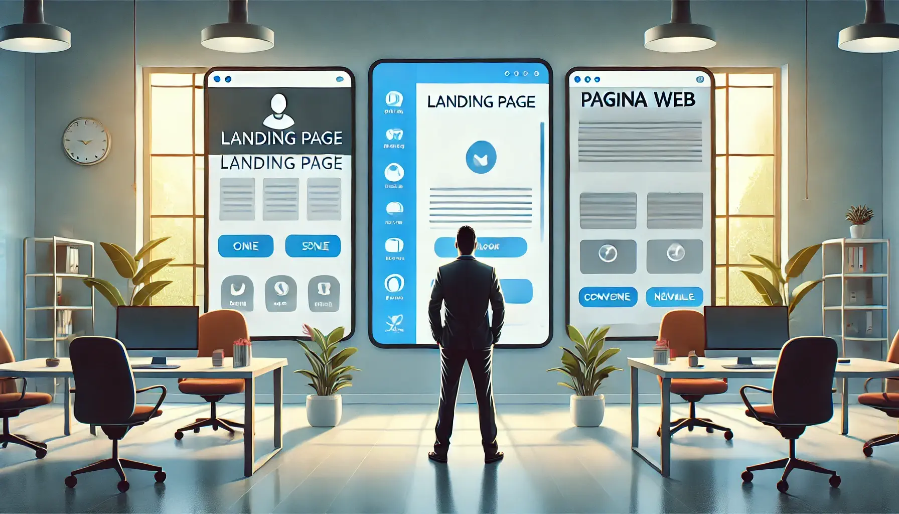 Comparación entre una landing page y una página web completa en la pantalla de un emprendedor, destacando diferencias clave en diseño y funcionalidad.