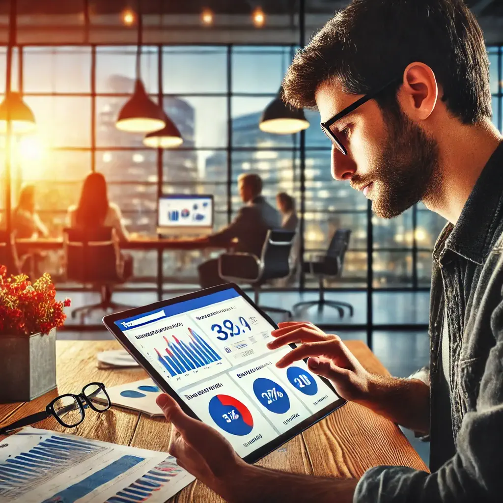 Emprendedor revisando métricas de segmentación en Facebook Ads desde una tablet en su oficina.