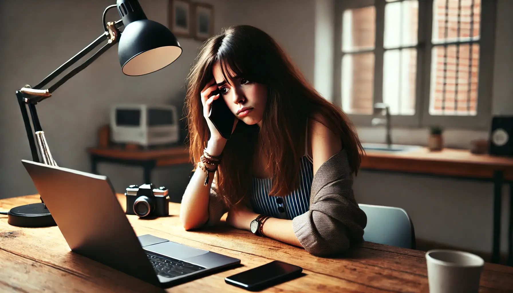 Joven creadora de contenido sentada en su escritorio con gesto de preocupación y frustración tras ser shadowbaneada en OnlyFans