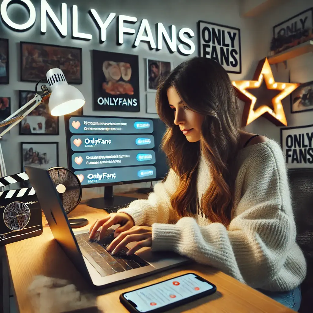 Creadora de contenido gestionando pedidos personalizados en OnlyFans desde su estudio casero.