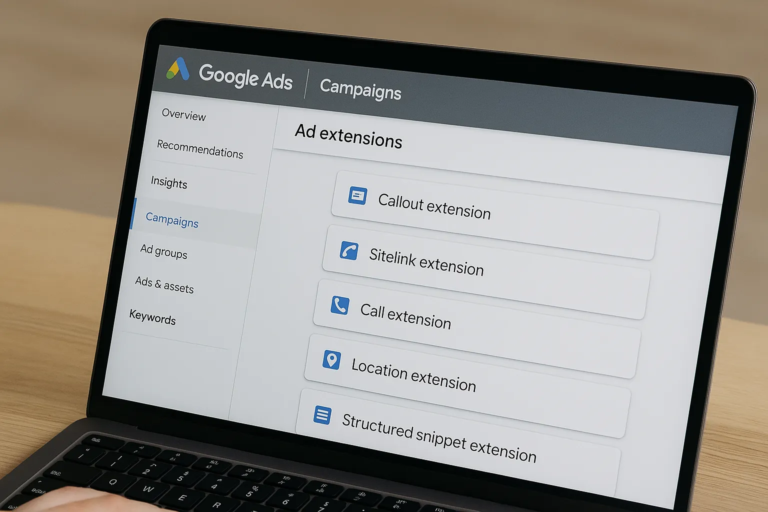 Pantalla de ordenador con las extensiones de anuncio de Google Ads