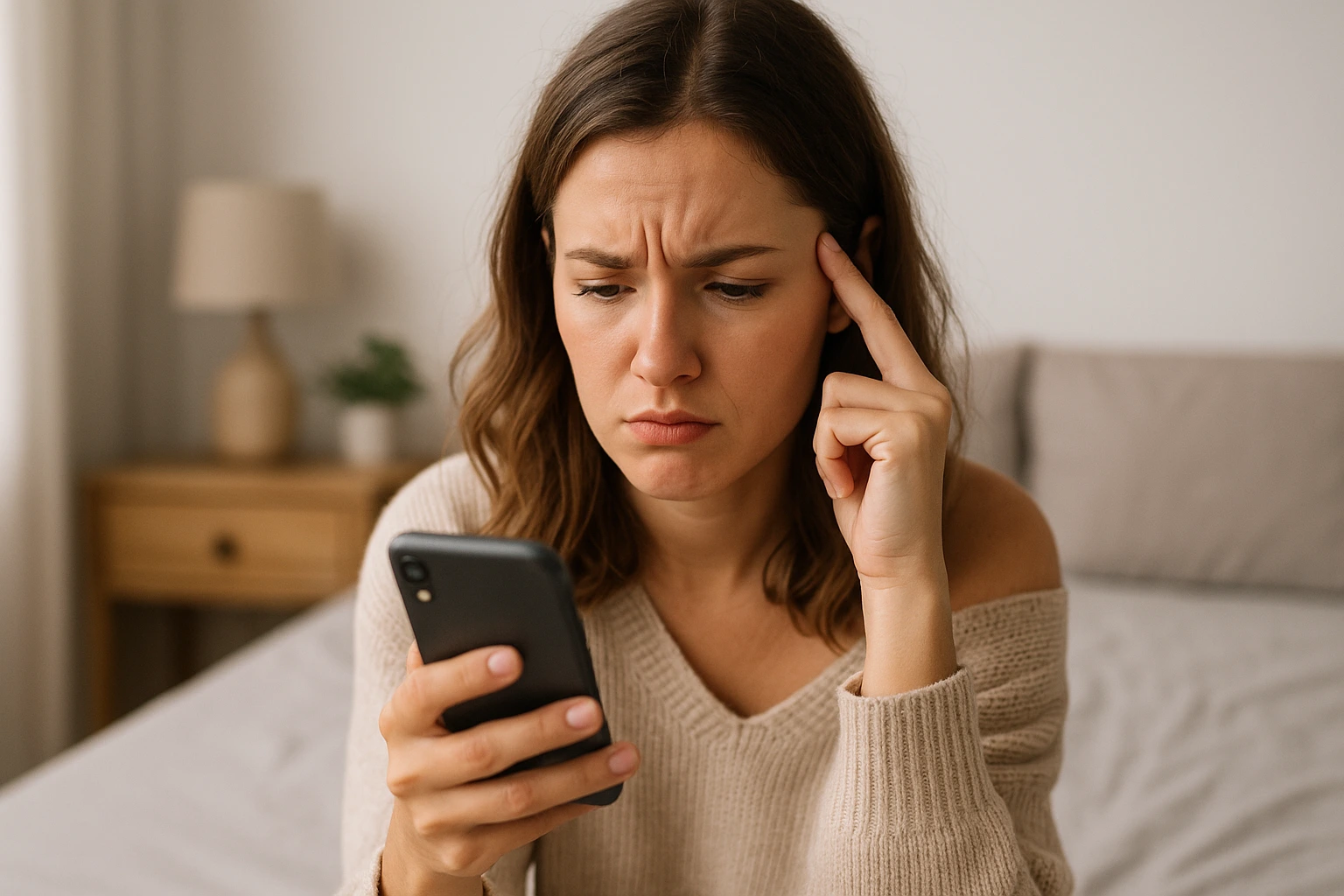mujer mirando preocupada su teléfono tras recibir críticas en OnlyFans
