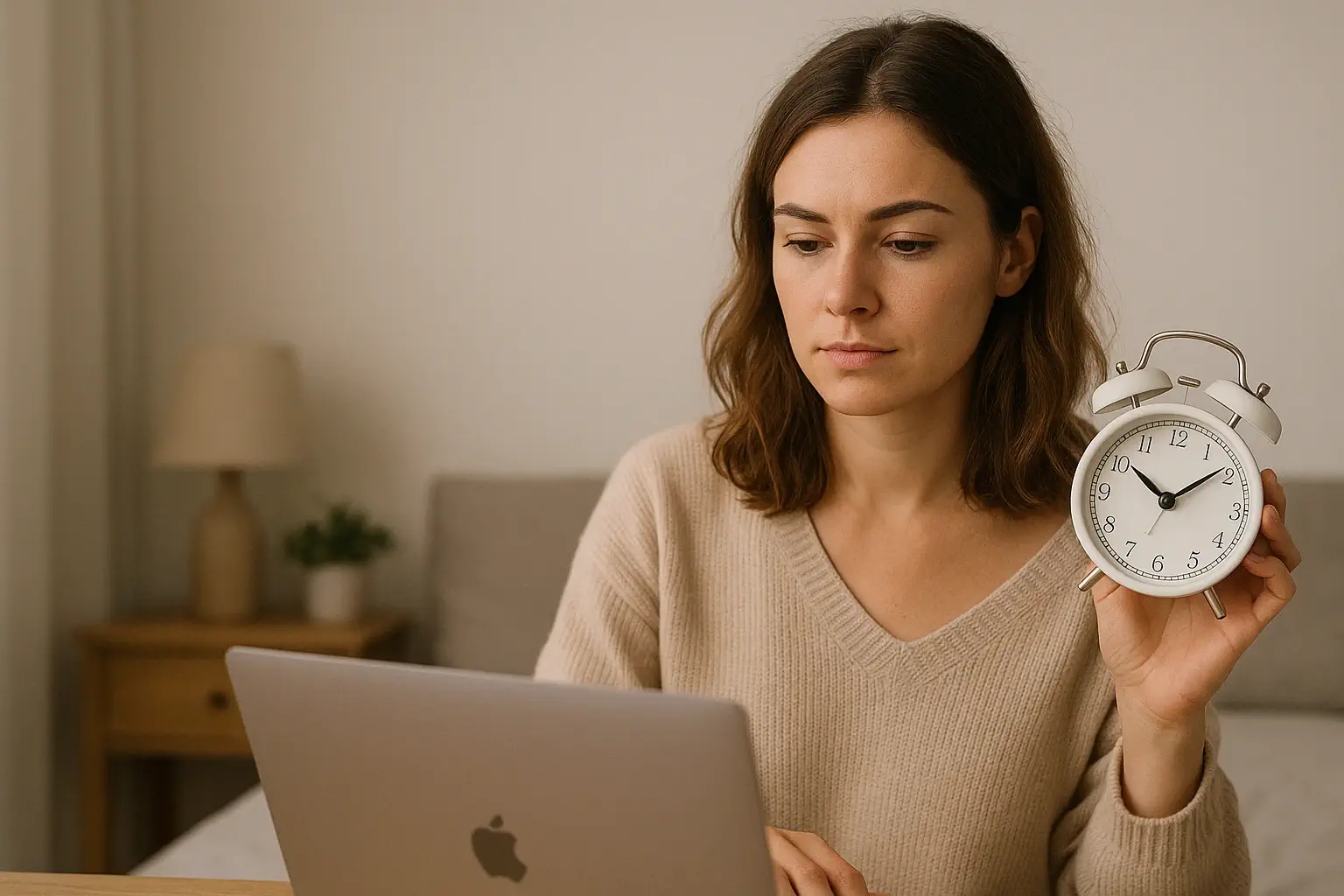 mujer con reloj y portátil organizando su tiempo como creadora de contenido en OnlyFans