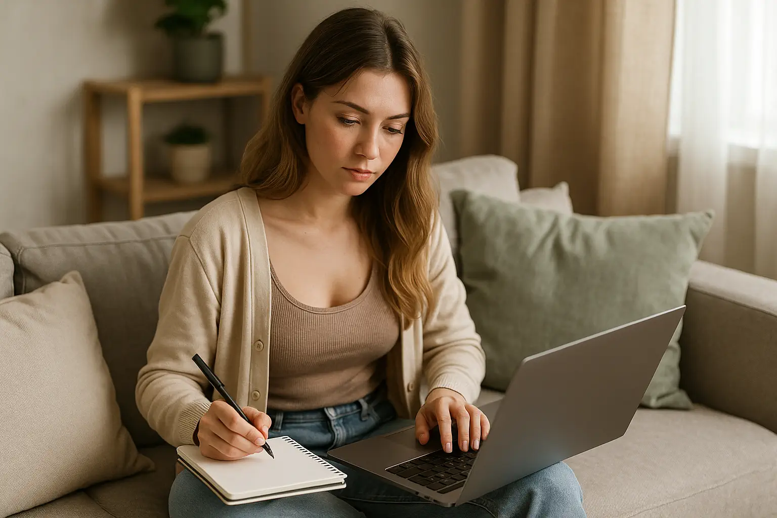 creadora de contenido en OnlyFans organizando su tiempo con laptop y libreta