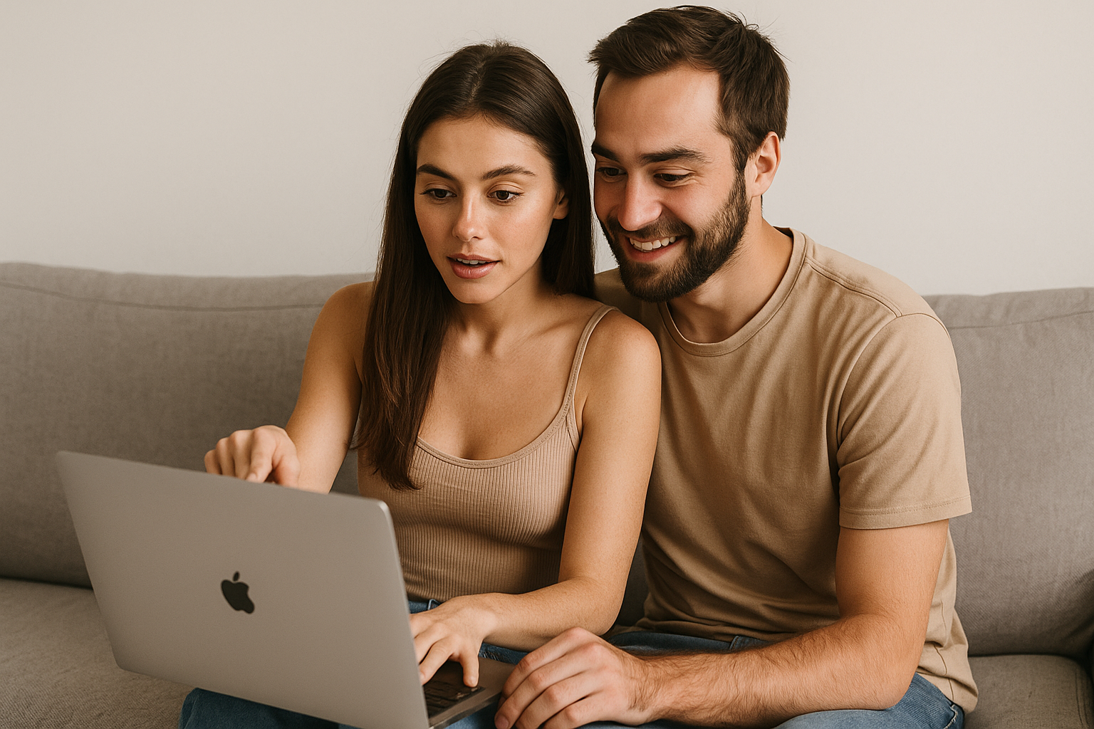Un chico y una chica trabajando en su cuenta OnlyFans en pareja, desde casa, creando contenido juntos para ganar dinero