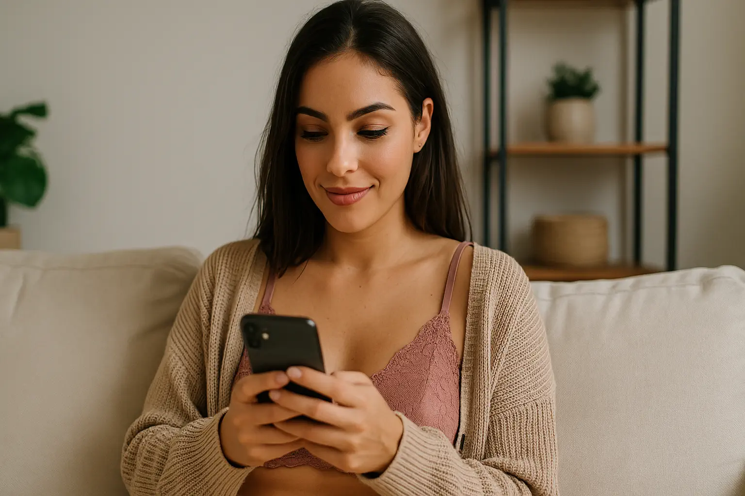 Mujer usando el móvil en casa para enviar mensajes privados en OnlyFans