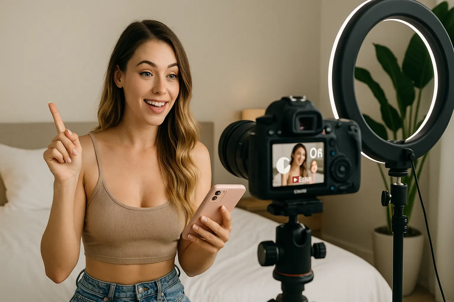 mujer grabando contenido para YouTube para atraer tráfico a OnlyFans