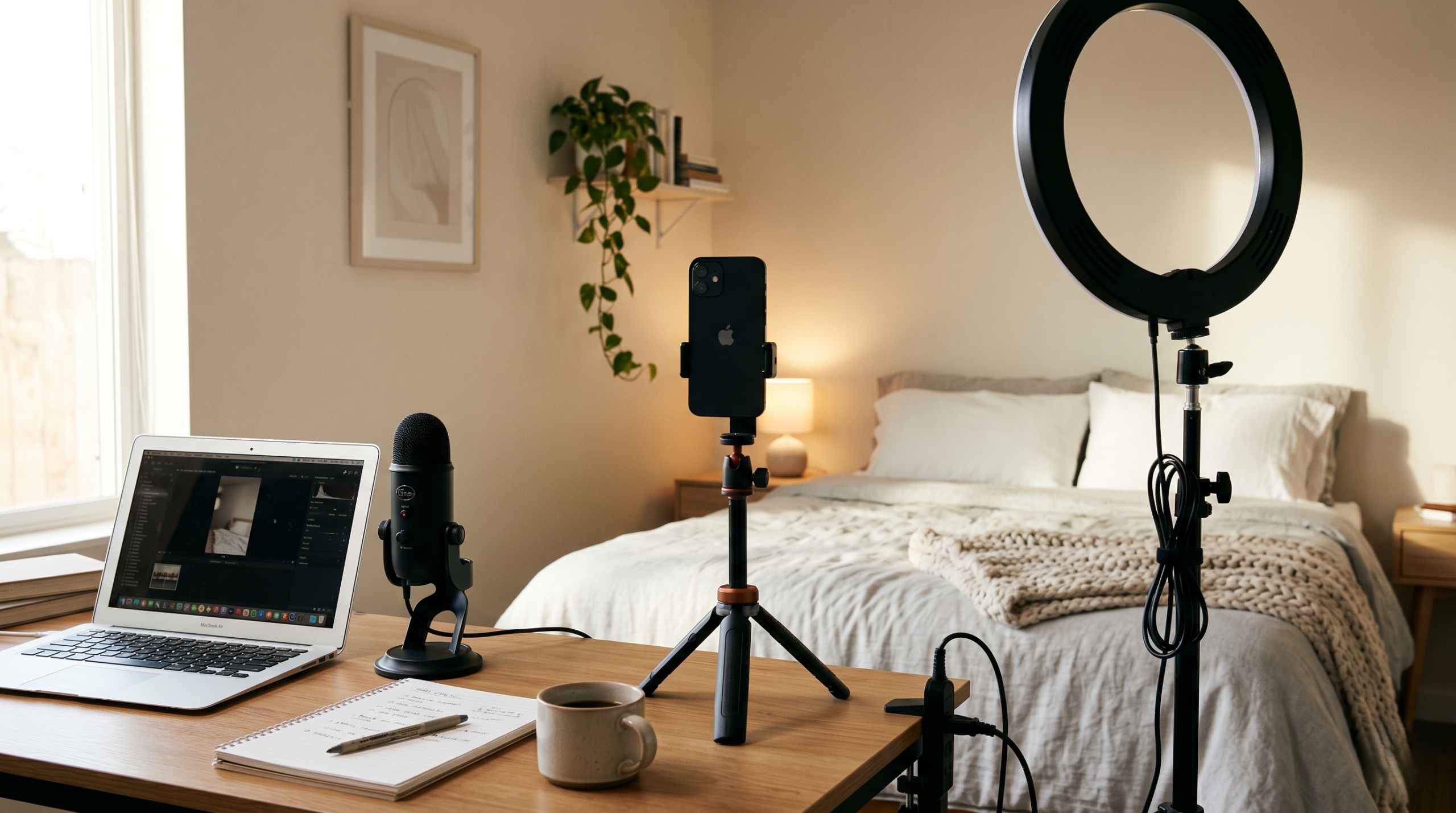 Setup de producción de contenido para OnlyFans con aro de luz y trípode