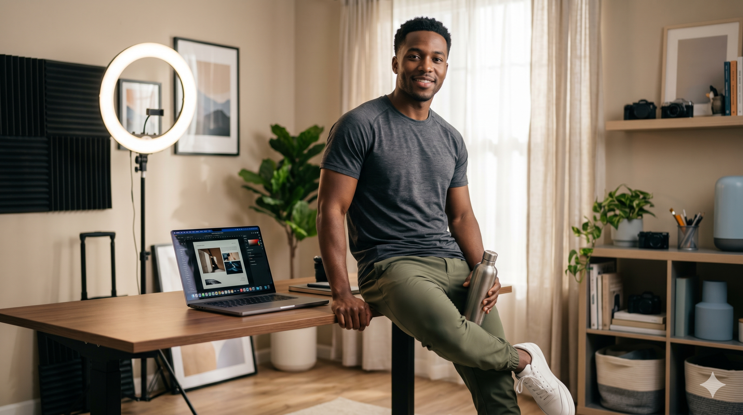 Creador masculino gestionando su cuenta de OnlyFans desde un estudio en casa