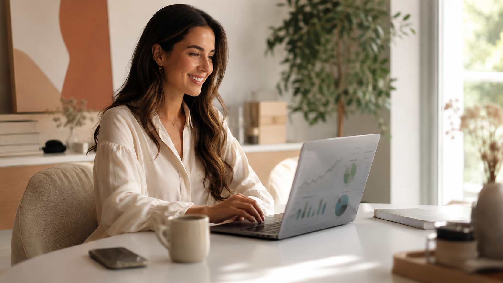 Creadora de contenido gestionando su cuenta de OnlyFans desde casa con estrategia profesional