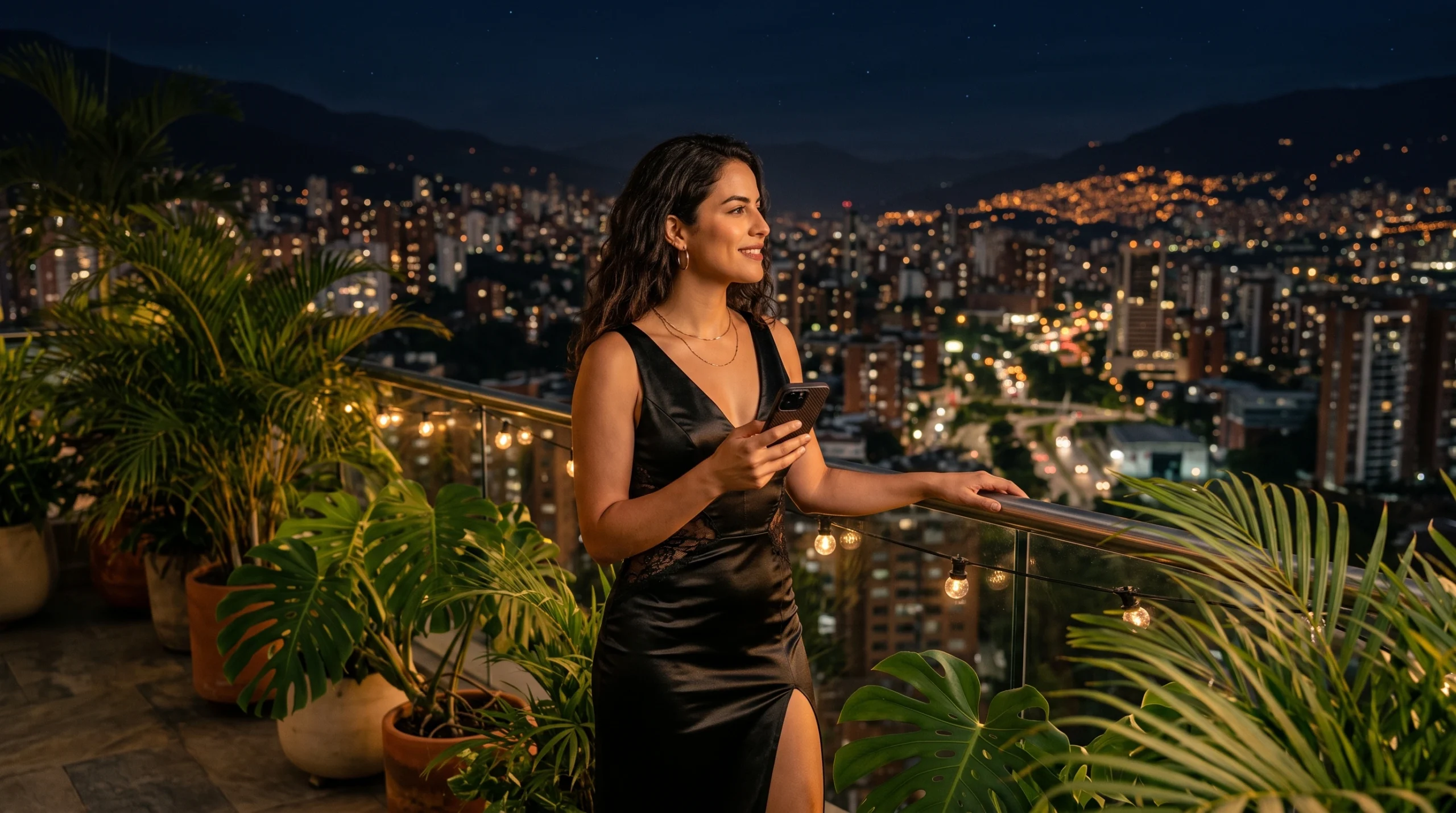 Creadora colombiana evaluando la página azul desde una terraza en Medellín o Bogotá